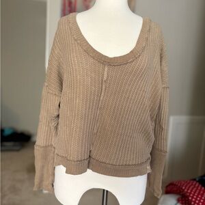 Free People Tan V-Neck Knit Oversized Long Sleeve